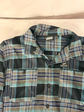 Vans Flannel Shirt Mens Large Blue Black Plaid Button Up Skate Cotton L/S